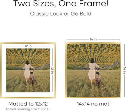 Homeforia 14x14 Picture Frame Gold, High End Metal 14 x 14 Square Poster Frame with Mat 12 x 12 Photo, 14x14 Frame Matted to 12x12 Print, 14by14 Gold Hanging Frames, Tempered Glass, Wall Kit, Set of 1