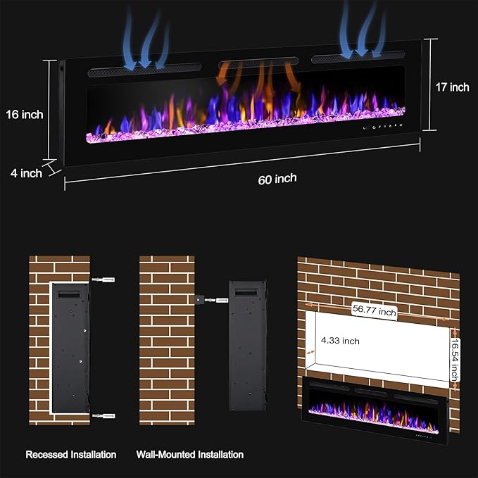 60" Electric Fireplace Wall Mounted and Recessed