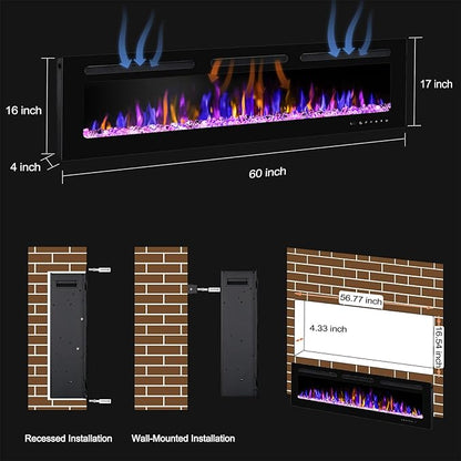 60" Electric Fireplace Wall Mounted and Recessed