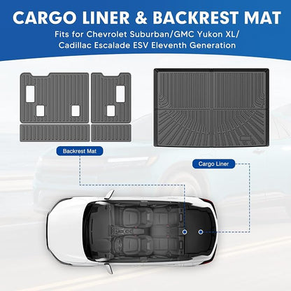 Mixsuper Cargo Liner for Chevy Suburban/GMC Yukon XL/Cadillac Escalade ESV 2015-2020, All Weather Cargo Mat Backrest Mat TPE Back Seat Cover Protector for Suburban Accessories