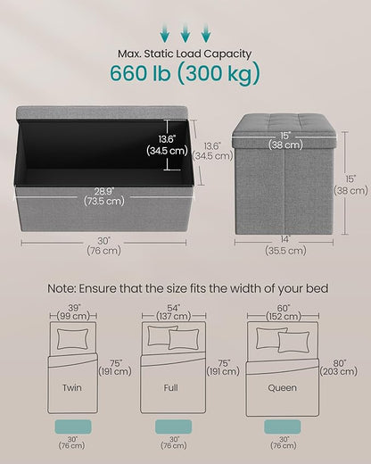 SONGMICS MAZIE Collection - 30 Inches Folding Storage Ottoman Bench, Ottoman Foot Rest, End of Bed Bench, Storage Chest, Load 660 lb, for Living Room, Bedroom, Entryway, Light Gray ULSF47G