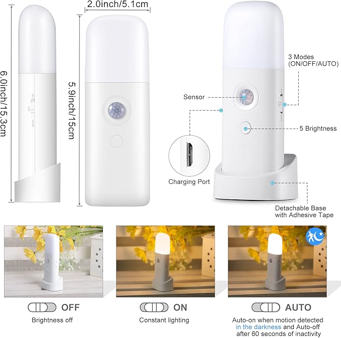 Motion Sensor Night Lights Indoor, Rechargeable Night Light Battery Powered, Portable Nightlight with Adjustable Brightness Activated Table Lamp for Kids, Adults(Warm Light, 4 Pack)