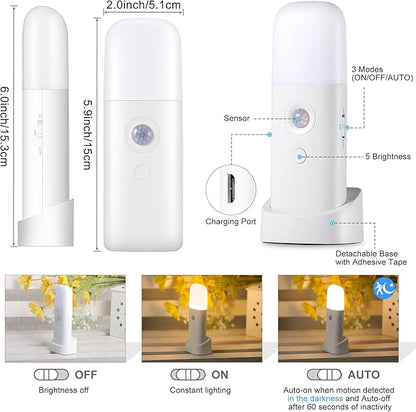 Motion Sensor Night Lights Indoor, Rechargeable Night Light Battery Powered, Portable Nightlight with Adjustable Brightness Activated Table Lamp for Kids, Adults(Cool White, 4Pack)