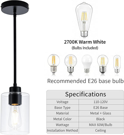 MAYNA 2-Pack Black Farmhouse Pendant Lighting, Rustic Glass Kitchen Island Lights with Bulbs, Adjustable Rods Vintage Hanging Fixtures for Dining Room, Bar