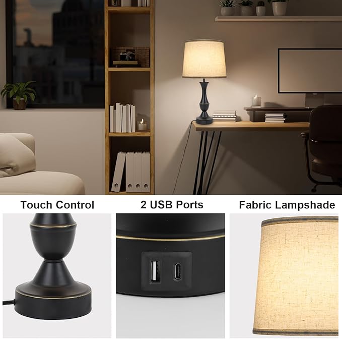 Touch Lamps for Bedrooms Set of 2, Farmhouse Table Lamp with USB C Charging Port, 3 Way Dimmable Nightstand Lamps with Linen Fabric Lampshade for Bedroom, Living Room (Pack2-Black)