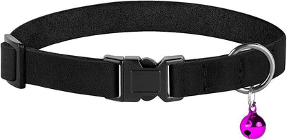 Breakaway Cat Collar Leather with Removable Bell - 13 Colors Available - Soft Adjustable Girl Boy Safety Lightweight Pet Kitten Collars Pink Brown Blue Green Red Orange Black (Black)