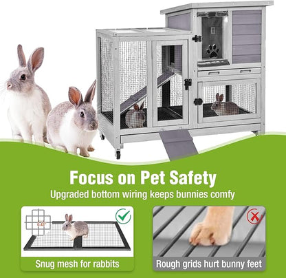 Gutinneen 2-Story Rabbit Hutch Indoor Wooden Bunny Cage with Removable Wire Mesh Floor, Chew-Proof Ramp, Lockable Wheels, Pull Out Trays for 1-2 Rabbit, Guinea Pig, 40.6" L x 26" W x 37.6" H