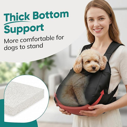 Dog Sling Carrier Front with Thicken Bottom Support for Small Dogs 5-12 lb | Adjustable, Hands Free, Comfortable Wearable, Lightweight, Vet Visits, Anxiety, Travel, Hiking, Safety Clip Black