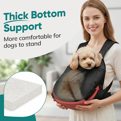 Dog Sling Carrier Front with Thicken Bottom Support for Small Dogs 10-16 lb | Adjustable, Hands Free, Comfortable Wearable, Lightweight, Vet Visits, Anxiety, Travel, Hiking, Safety Clip Black