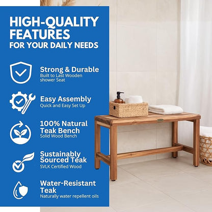 EcoDecors Eleganto 35 Inch Natural Color Waterproof Teak Wood Shower Bench Stool Seat Chair For Inside Shower Provides Safety, Storage, and Organization For Bathroom Accessories
