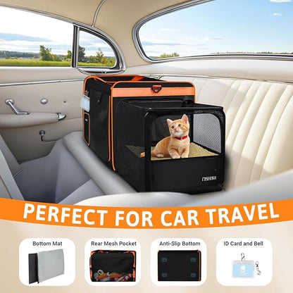 Petskd Side Expandable Extra Large Cat Carrier with Litter Box Area for Long Distance Car Travel,24"x17"x17" Collapsible Soft-Sided Large Pet Carrier with Zipper Locks for 2 Cats Under 55LBS(Black)
