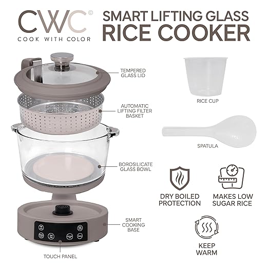 COOK WITH COLOR 3L Glass Mini Low Carb Rice Cooker – Holds 2 Cups Raw/Makes 6