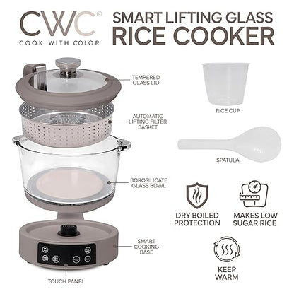 COOK WITH COLOR 3L Glass Mini Low Carb Rice Cooker – Holds 2 Cups Raw/Makes 6