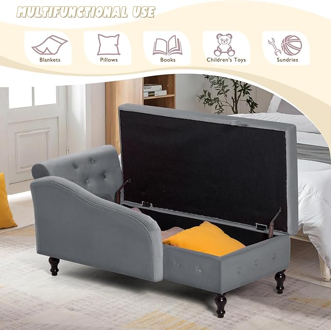 ACMEASE Upholstered Chaise Lounge with Left Armrest & Lumbar Pillow,Button Tufted Lounge Sofa with Storage,Lounge Chair Indoor,Modern Velvet Lounge Chair for Bedroom, Living Room and Office,Grey