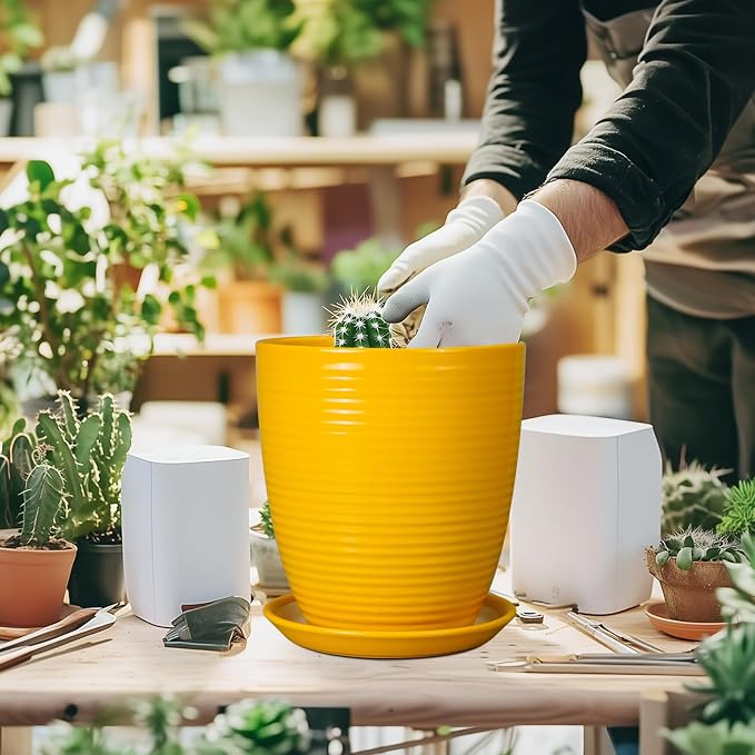 Ceramic Plant Pot - 8 Inch Planter Pot with Drainage Hole and Saucer Round Planter for Indoor Outdoor Plants Flower Pot for Home Patio Garden Office Yellow
