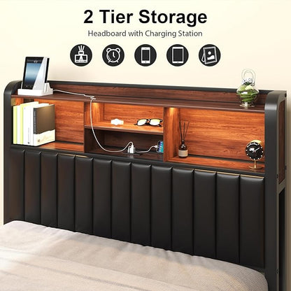 Queen Bed Frame 54.3" Tall with 3-Tier Storage Headboard and Charging Station, Metal Platform Bed Frame with LED Lights and PU Leather, Noise-Free, Metal Support, No Box Spring Needed, Black