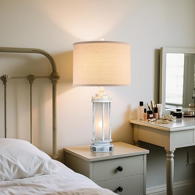 25" Rustic Table Lamps Set of 2, Vintage Nightstand Lamps with 2 USB Ports, Farmhouse Antique White Desk Lamp with Glass Night Light for Living Room Bedroom Dorms, 4 Bulbs Included