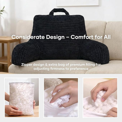 NOONTIDE Reading Pillow L-Size with Top Handle, Uniquely Designed Soft Fabric, Ergonomic Back Support for Bed, Couch & Reading, Comes with a Bag of Filling for Adjustable Firmness (Black)