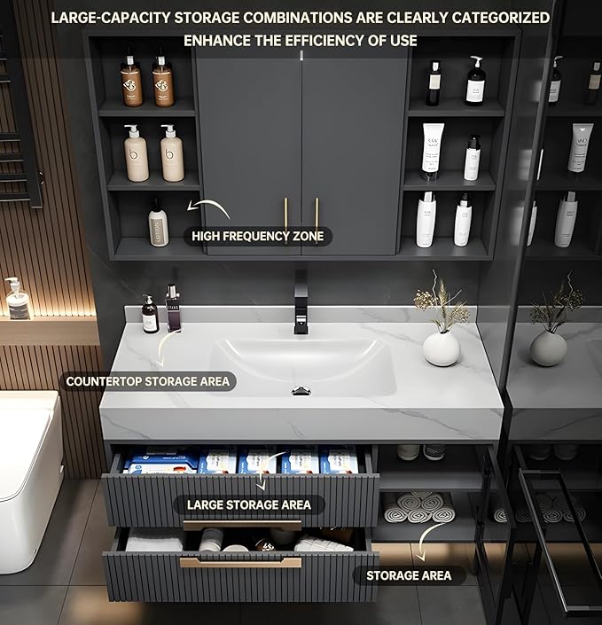 Floating Bathroom Vanity with Sink, 36IN Bathroom Vanities Cabinet Includes LED