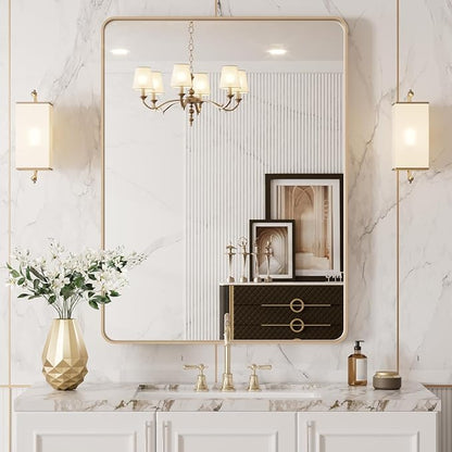 LOAAO 20”X30” Gold Bathroom Mirror, Rounded Rectangle Gold Frame Mirror