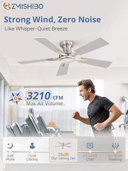ZMISHIBO 42 Inch Ceiling Fan No Light, Flush Mount Low Profile, Modern Nickel
