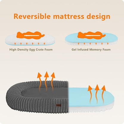 Human Dog Bed for Adult, Orthopedic Gel Memory Foam, 71"x47"x9" | Human Dog Bed Fits Adult & Pets, Reversible Egg-Crate Foam Cushion, Washable Pet Bed with Blanket, Medium Grey