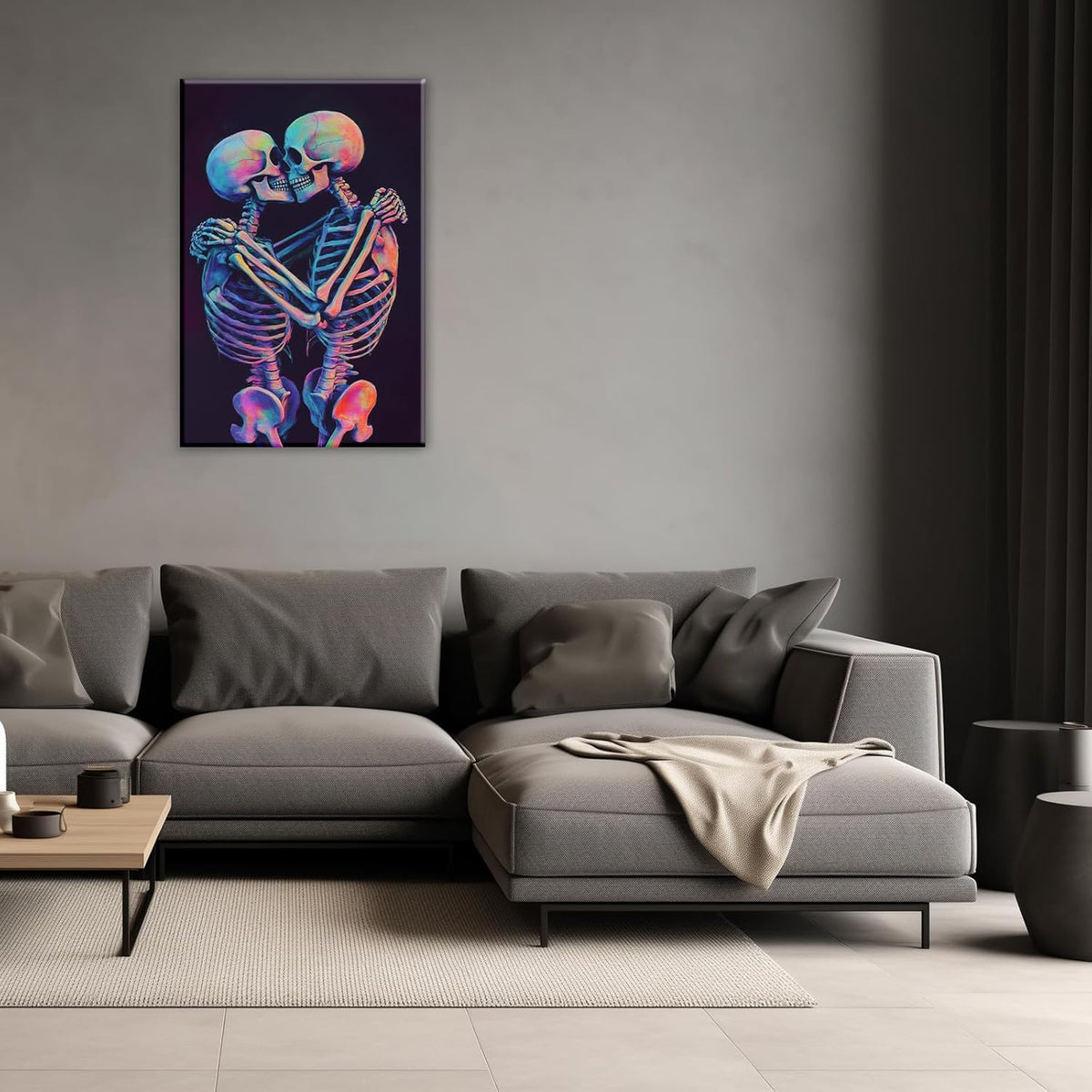 Skeleton Wall Art Kissing Skull Art Poster Skeleton Lover Picture Print On Canvas Abstract Horrible Theme Painting Framed Artwork Living Room Decor(Artwork-3,20"x30")