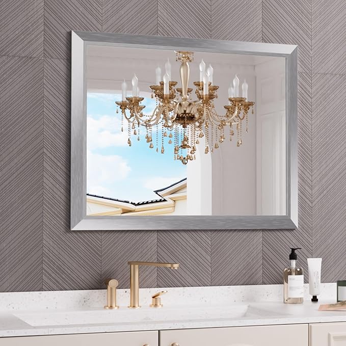 Amorho Bathroom Mirror Silver, 40x32 Inch Thick Metal Framed Wall Mirrors