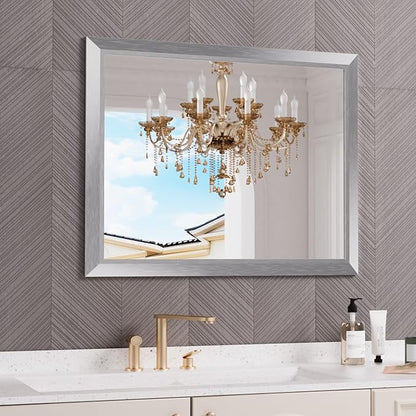 Amorho Bathroom Mirror Silver, 40x32 Inch Thick Metal Framed Wall Mirrors