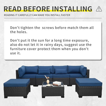 Lviden 7 Pieces Outdoor PE Wicker Furniture Set Patio Rattan Sectional Conversation Sofa Set with Navy Blue Cushions and Glass Top Table