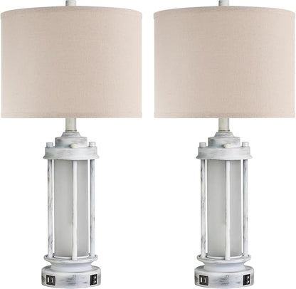 25" Rustic Table Lamps Set of 2, Vintage Nightstand Lamps with 2 USB Ports, Farmhouse Antique White Desk Lamp with Glass Night Light for Living Room Bedroom Dorms, 4 Bulbs Included