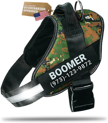 Personalized Dog Harness with Custom Name Patches, Adjustable Reflective No Choke Dog Vest with Handle for XXL Dog, Military Green, 2XL