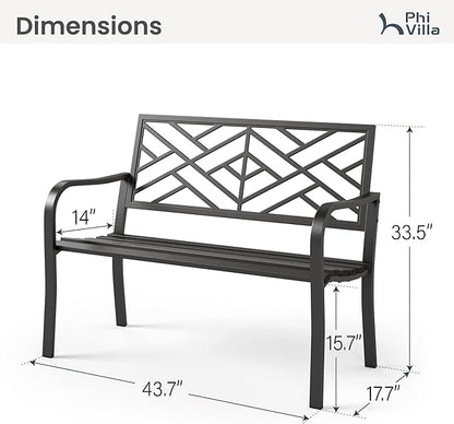 PHI VILLA 43 Inch Cast Iron Steel Frame Outdoor Garden Bench, Patio Furniture Chair Bench w/Line Pattern Design Backrest, Slatted Seat for Park, Yard, Porch - Black