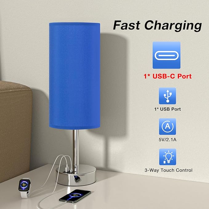 Navy Blue Touch Lamp for Boys - Small Nightstand Lamp with USB-C and USB Charging Ports, 3 Way Dimmable Bedside Table Lamp with Fabric Shade Silver Base for Nursery, Dorm, Office, Reading