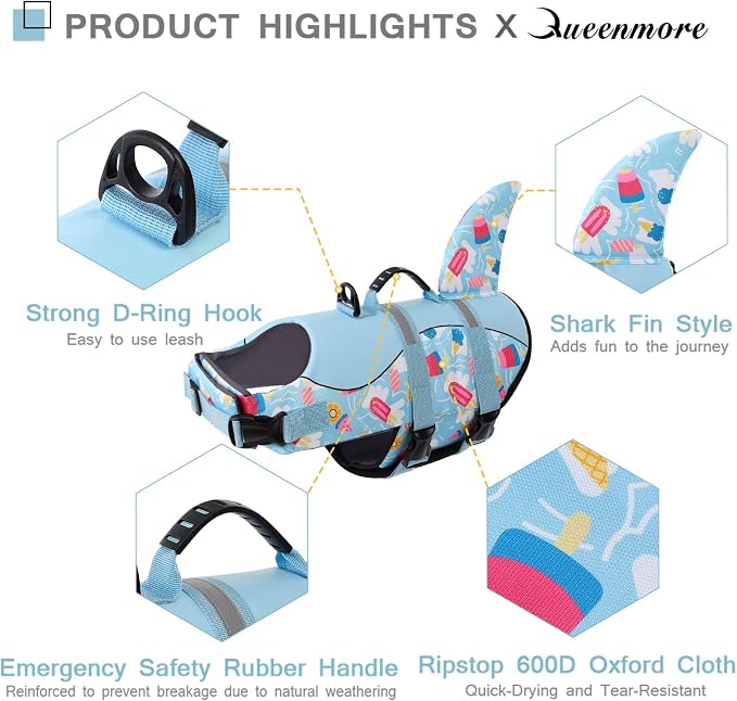 Shark Dog Life Vest for Swimming, Boating, Kayaking, Surfing, Canoeing - High Buoyant Dog Life Jacket, Ripstop High Flotation Swimsuit for Small, Medium, Large Dogs (Blue, XL)