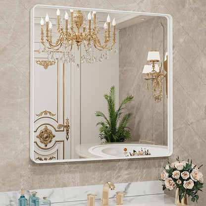 LOAAO 38x38 Inch White Metal Framed Bathroom Mirror
