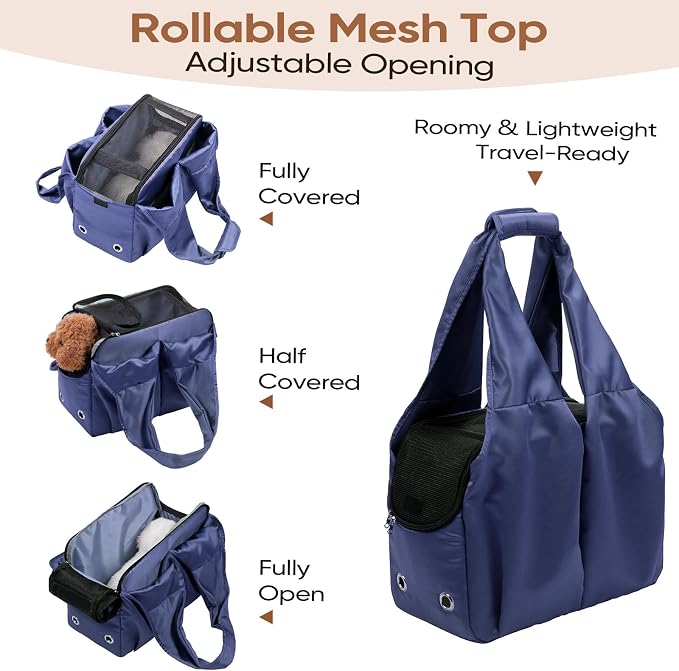 Dog Purse Carrier for Small Dogs, Cats, and Puppies – Soft-Sided Travel Pet Tote Bag with 4 Large Pockets, Foldable, Lightweight, Fits Pets up to 15 lbs, for Travel, Outings (Dark Blue)