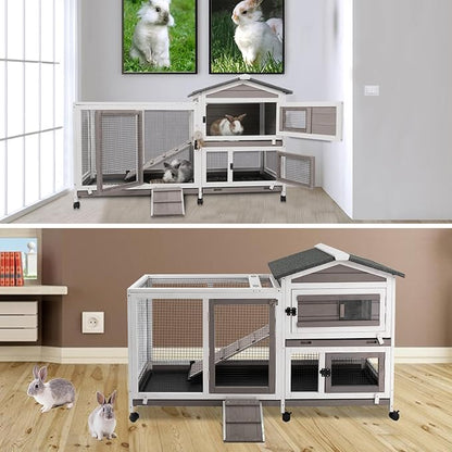 Rabbit Hutch Indoor and Outdoor 2-Story Rabbit Cage with Pull Out Tray,Fir Wood Pet House with Wooden Ramp,Waterproof Bunny Cage Indoor with 2 Asphalt Roofs,Grey (55.3" L x 21.5" W x 34.5" H)