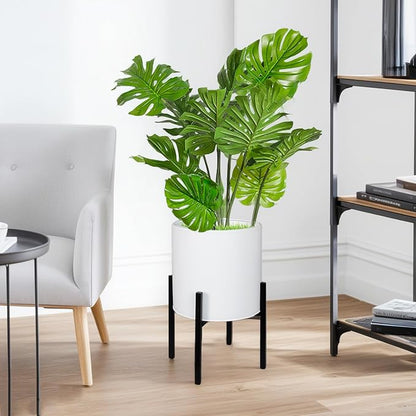 ARNIS Modern Plant Pots, Set of 2 Large Planters with Stand, Decorative Planters, Metal Pots with Drainage Holes for Living Room, Office, Garden or Balcony, 8.25 &10.5 Inch, White