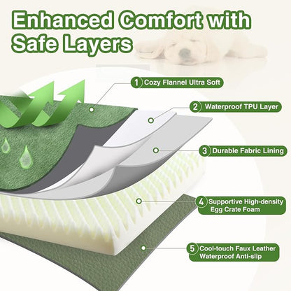 XXL Dog Bed Waterproof Washable Outdoor, Large Foam Crate Pad 48" Green | Jumbo Pet Bed, Reversible Wipeable Faux Leather & Soft Flannel, Durable Removable Cover, Anti-Slip Kennel Pad 47"x29"