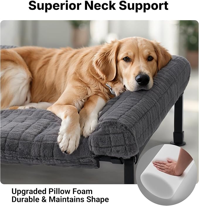 Veehoo Elevated Dog Bed with Fluffy Plush Bolster Cushion, Dog Couch Bed | Cooling Raised Dog Bed for Large Dogs, Washable Orthopedic Pet Cot with Removable Mat, Breathable Mesh, Non-Slip, 59", Grey