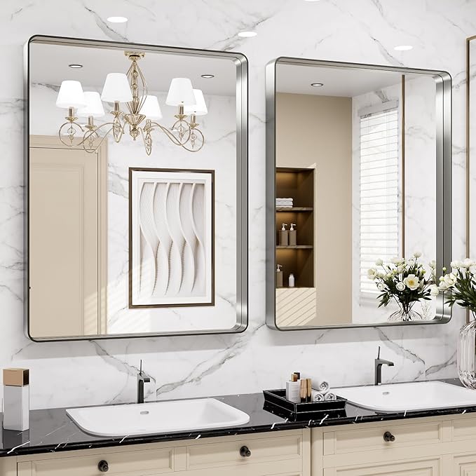 LOAAO 24X36 Inch Brushed Nickel Bathroom Mirror, Rounded Rectangle Silver Metal