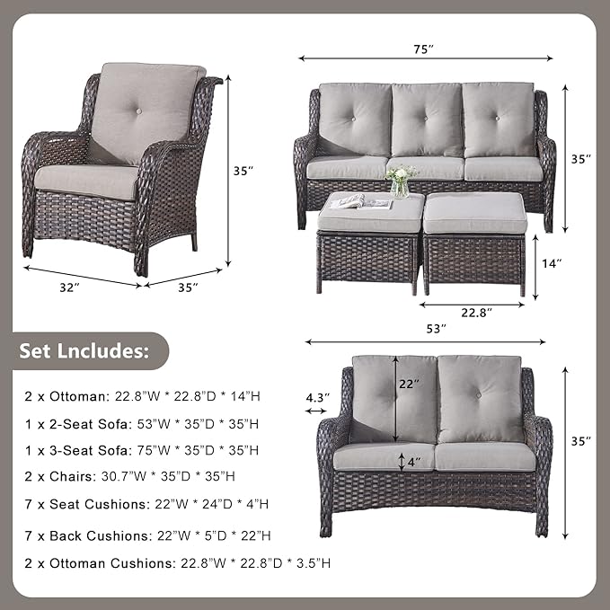 Rilyson Wicker Patio Furniture Set - 6 Piece Rattan Outdoor Sectional Conversation Sets with 1 Sofa,1 Loveseat,2 Armrest Chairs and 2 Ottomans for Porch Deck Garden(Brown/Grey)