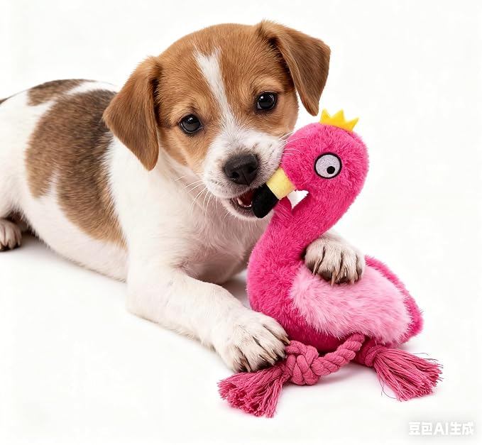 Plush Flamingo Dog Toy with Rope Legs, Pink, Interactive Squeaky Chew Toy for Small, Medium Dogs, Tug-of-War Play
