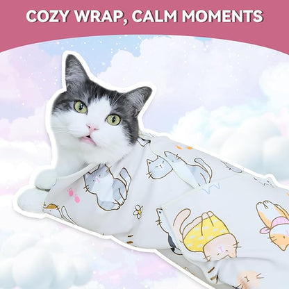 Cat Grooming Wrap for Cutting Nails, 27.6" Anti-Escape Calming Cat Swaddle Wrap for Medicine, Nail Clipping, Teeth Brushing, Ear Cleaning, Self-Adherent Burrito Restraint, (CatLand, L)