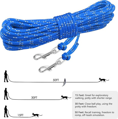 Rypet Reflective Cat Long Leash - 50 FT Escape Proof Walking Leads Yard Long Leash Durable Safe Personalized Extender Leash Traning Play Outdoor for Kitten, Puppy, Rabbit and Small Animals