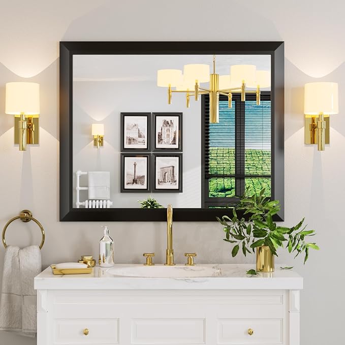 Amorho Black Bathroom Mirror, 40X32 Inch Thick Metal Framed Wall Mirrors