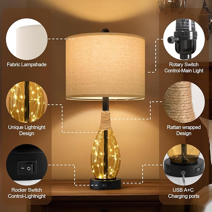 OYEARS 23" Table Lamps for Living Room Set of 2 Bedside Lamps for Night Stands Bedroom Lamps Farmhouse Rattan Boho Lamp Glass Nightlight End Table Lamp,Two Light Points