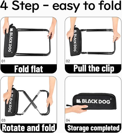 windhike Blackdog 11in Ultralight Camping Folding Stool - 0.7lb Compact Camping Chair, 265lb Capacity Aluminum Alloy X-Frame for Hiking, Fishing BBQ Portable Small Stool for Adults (Pro - Black)