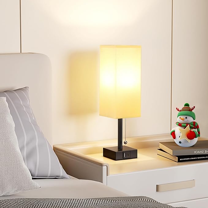 Bedside Table Lamps Set of 2 - Small White Bedroom Lamps with 3 Color Temperatures (3000K/5000K/4000K), Square Nightstand Lamp with USB C + A Charging Ports, Pull Chain Night Light